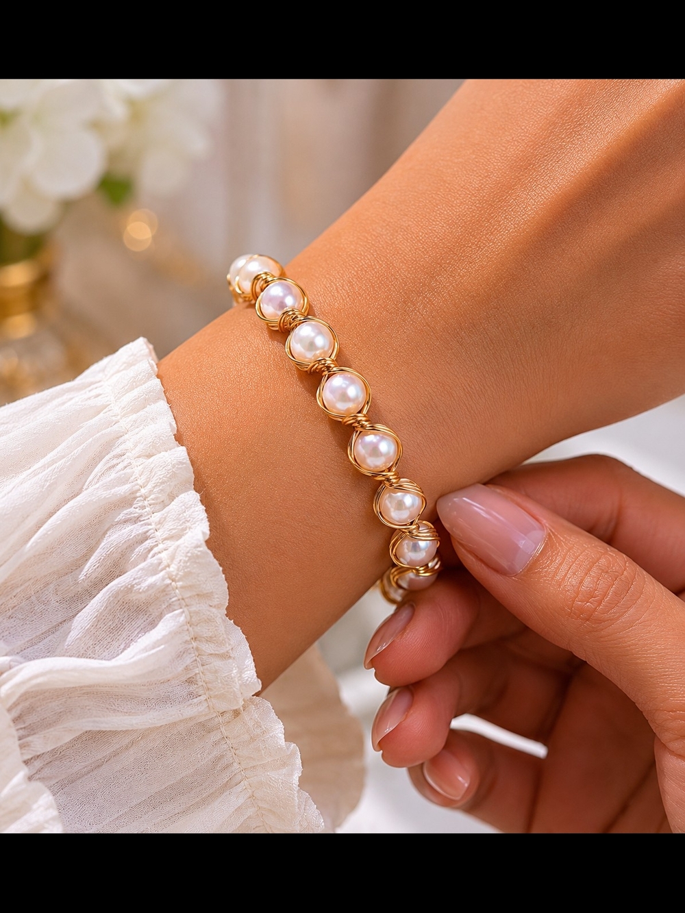Cultured Freshwater Pearl Gold Wire Wrap Bangle Bracelet Adjustable Cuff